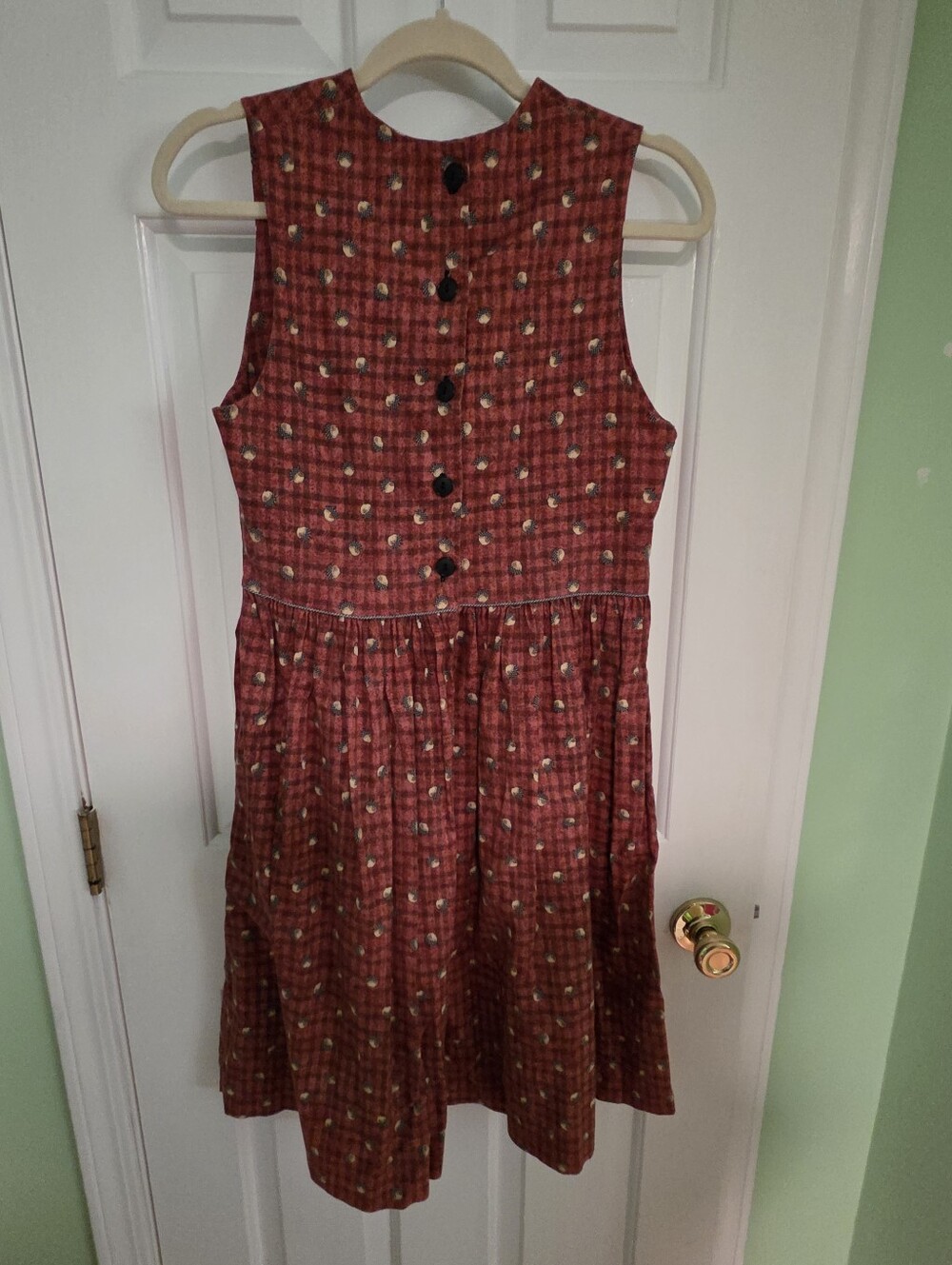 Button Front Midi Dress, Dark Red Acorn & Gingham Print, Handmade, Size 0-2